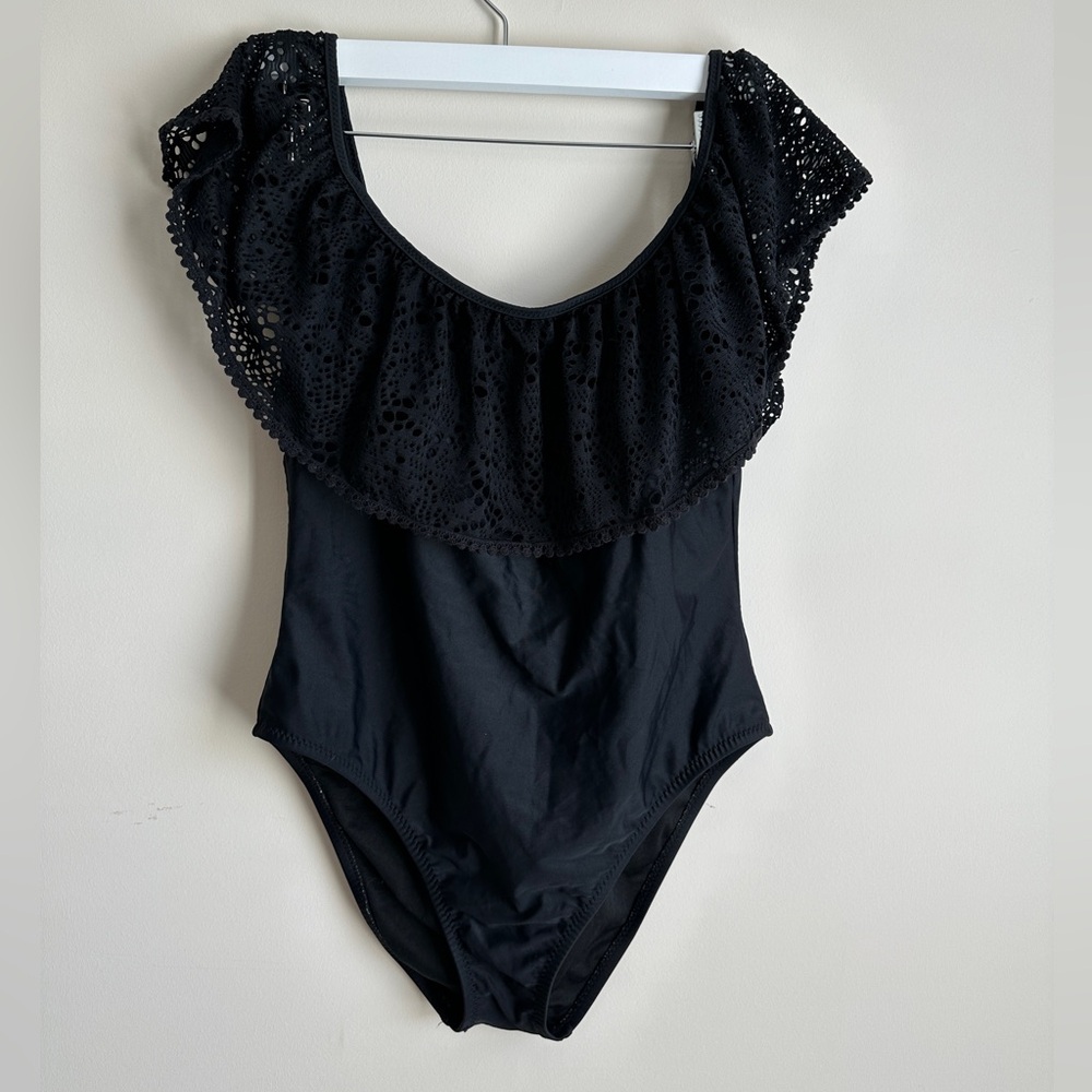 Shade & Shore Black Off-Shoulder Swimsuit with Lace Detailing
